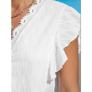 NEW S White Ruffle Sleeve‎ V Neck Lace Trim Textured Blouse Top Casual Cupshe